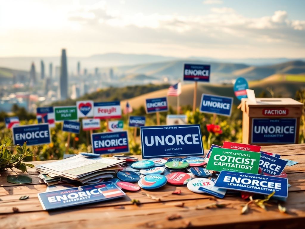 Flick International A vibrant political scene showcasing diverse Democratic campaign materials and landscape elements.