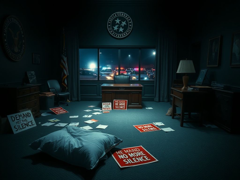 Flick International Empty governor's office with scattered protest signs and police silhouettes