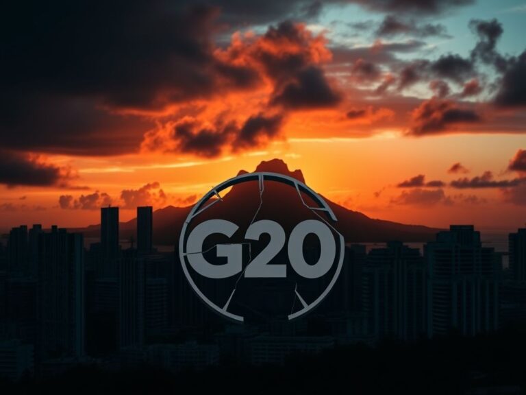 Flick International Dramatic Miami skyline at sunset with G20 emblem symbolizing geopolitical tensions
