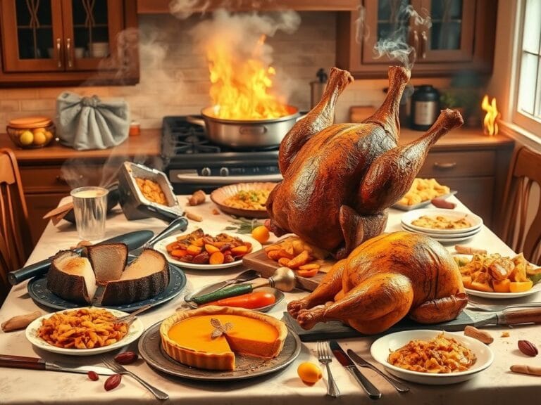 Flick International Chaotic Thanksgiving kitchen scene with burnt turkey and spilled ingredients
