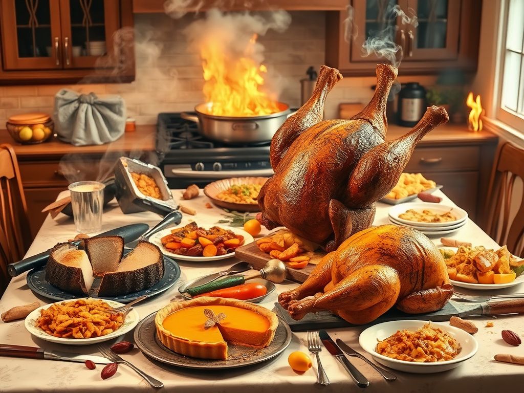 Flick International Chaotic Thanksgiving kitchen scene with burnt turkey and spilled ingredients