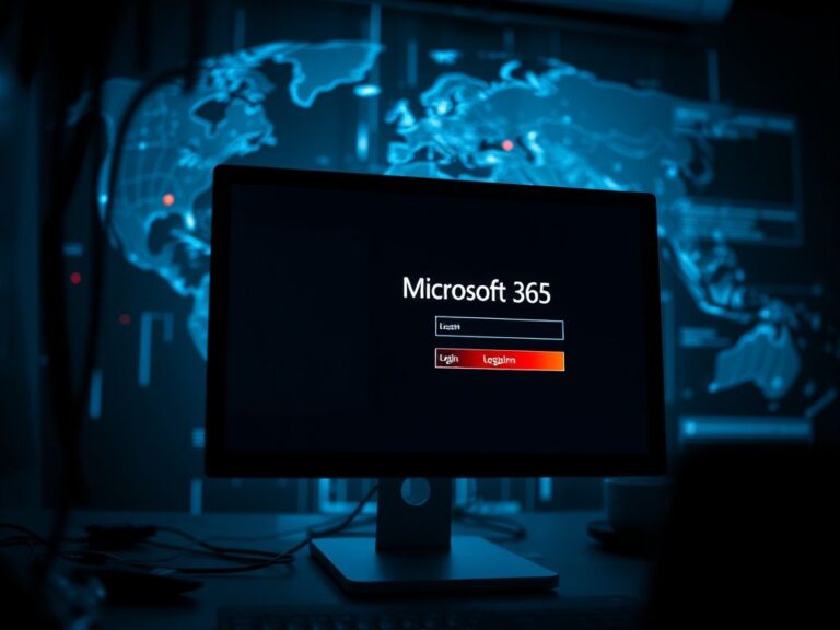 Flick International Close-up of a computer screen displaying a fake Microsoft 365 login page in a dark workspace.