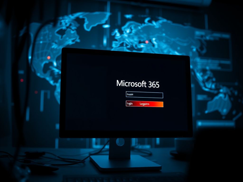 Flick International Close-up of a computer screen displaying a fake Microsoft 365 login page in a dark workspace.