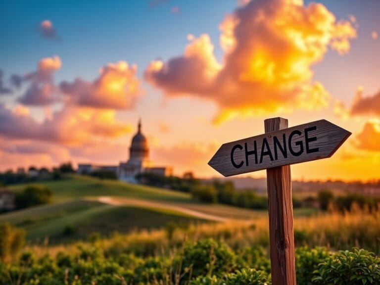 Flick International Scenic New Jersey landscape at dusk with rich colors and a signpost symbolizing change