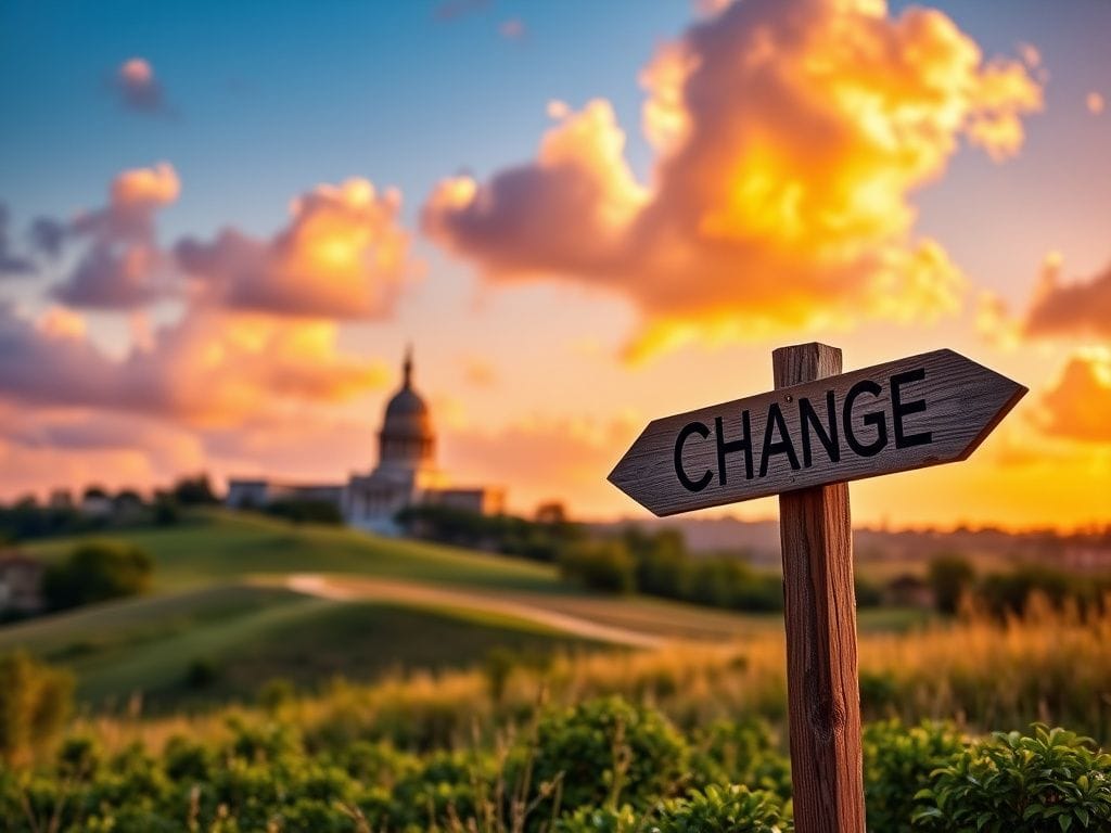 Flick International Scenic New Jersey landscape at dusk with rich colors and a signpost symbolizing change