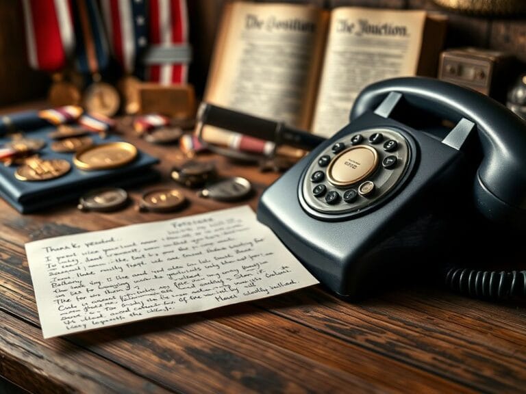 Flick International Close-up of a rustic wooden desk with a vintage rotary phone and handwritten messages of support from veterans