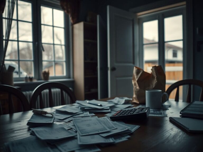 Flick International Dimly lit kitchen table cluttered with bills and a calculator, illustrating financial strain on families.