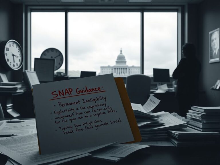 Flick International Dimly lit government office filled with documents related to SNAP changes