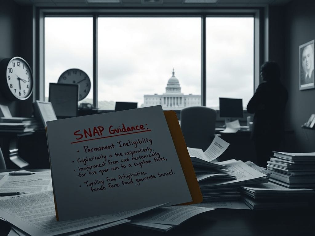 Flick International Dimly lit government office filled with documents related to SNAP changes