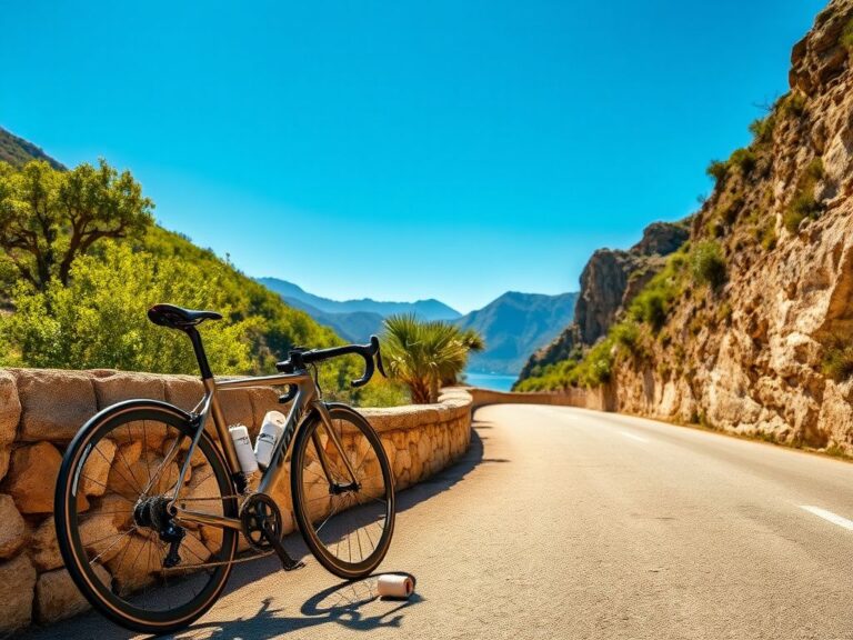 Flick International A sleek road bicycle resting against a stone wall on a winding mountain road, symbolizing resilience after a crash.