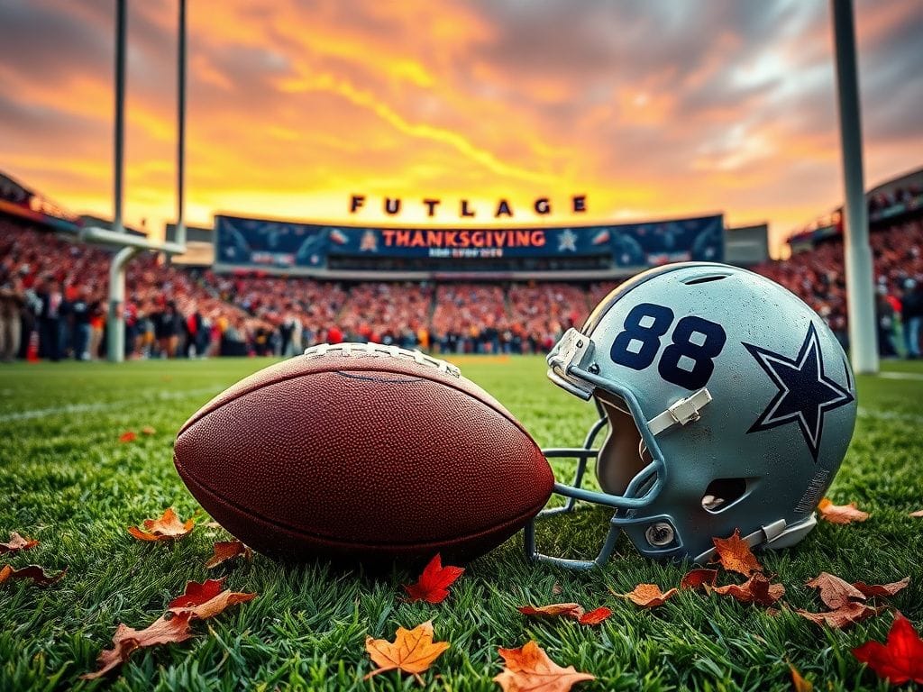 Flick International NFL Thanksgiving game scene with muddy football on grassy field and festive stadium in background