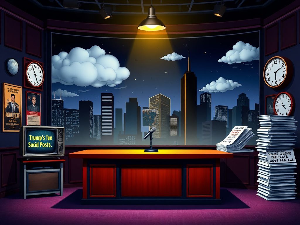 Flick International A satirical depiction of a late-night talk show set featuring an empty desk and microphone under a spotlight.
