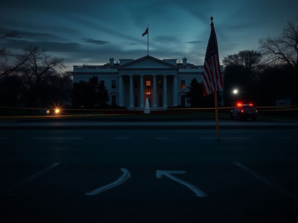 Flick International somber scene in front of the White House with chalk outlines marking the spots of shot National Guardsmen