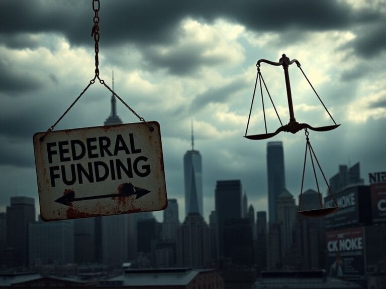 Flick International Dramatic skyline of New York City with iconic buildings against an ominous sky featuring a crumbling 'Federal Funding' sign