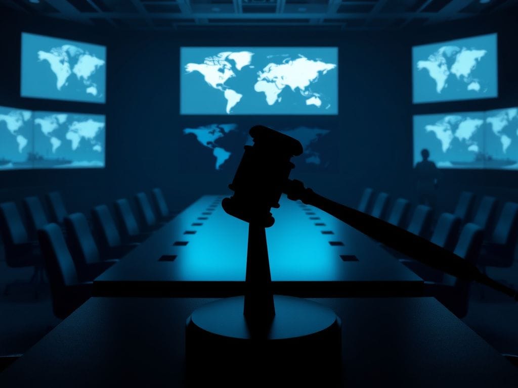 Flick International A solemn military command center with an empty conference table and dimly lit screens