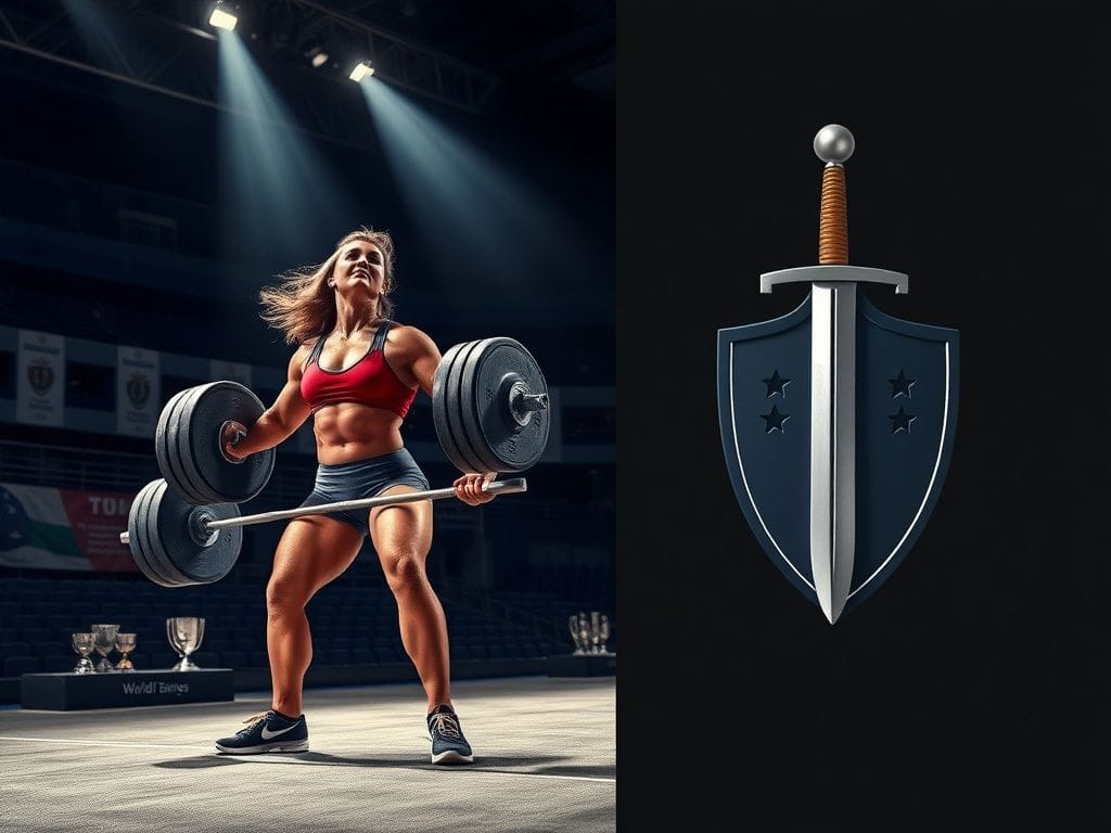 Flick International A strong, muscular figure representing the 'World's Strongest Woman' lifting a massive barbell in an empty competition arena