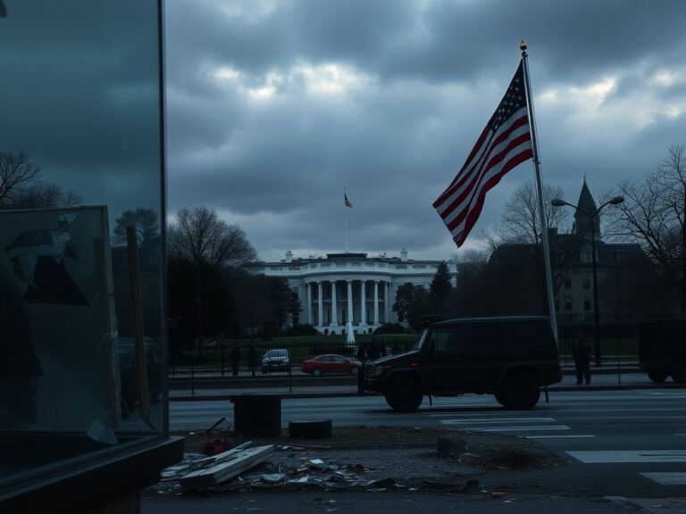 Flick International somber urban scene in Washington D.C. featuring the White House silhouette and National Guard vehicles underscored by a sense of tension