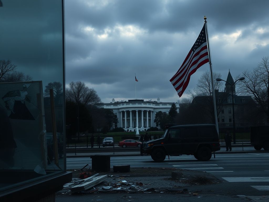 Flick International somber urban scene in Washington D.C. featuring the White House silhouette and National Guard vehicles underscored by a sense of tension