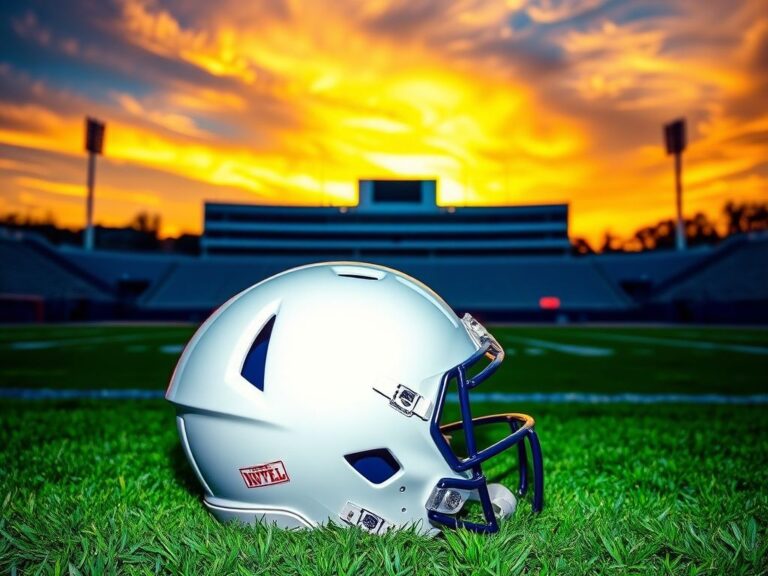 Flick International Vibrant football stadium under a sunset sky with a Penn State Nittany Lions helmet on the field