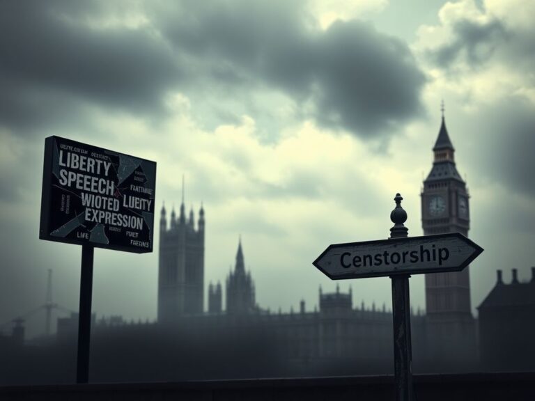 Flick International Moody depiction of a British landscape with a digital screen showing fragmented words symbolizing free speech concepts and censorship