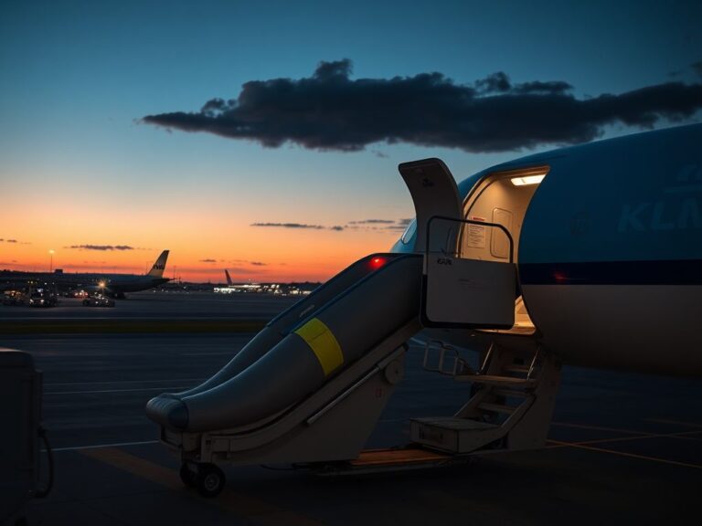 Flick International A KLM airplane with its emergency exit door open and the inflatable slide deployed while taxiing at Atlanta airport.