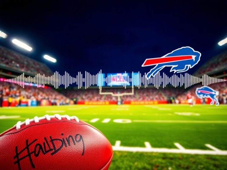 Flick International A vibrant football stadium scene with a close-up of a scuffed football and abstract audio waveforms representing broadcasting nuances.