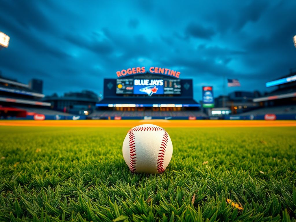 Flick International Toronto Blue Jays baseball field at dusk with Rogers Centre in the background