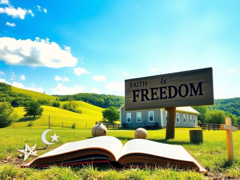 Flick International A serene landscape featuring a rural West Virginia school with a large wooden sign that reads 'Faith & Freedom', surrounded by symbols of religious faith and nature.