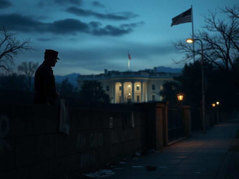 Flick International A somber scene of the White House silhouetted against a twilight sky, with a military guard beside a graffiti-covered wall.