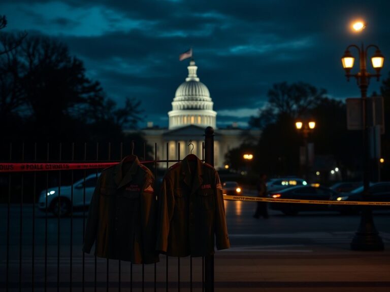 Flick International Urban scene near the White House at dusk with empty military uniforms symbolizing loss