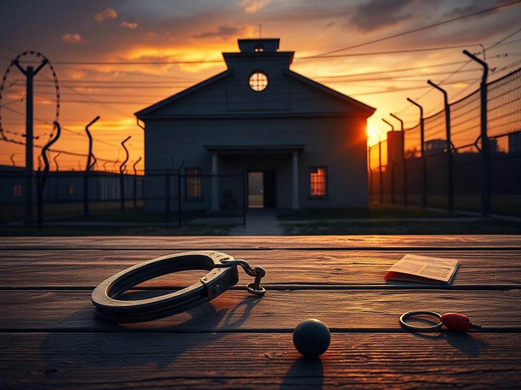 Flick International Stark prison building in Louisiana at sunset with rusty handcuffs symbolizing wrongful imprisonment
