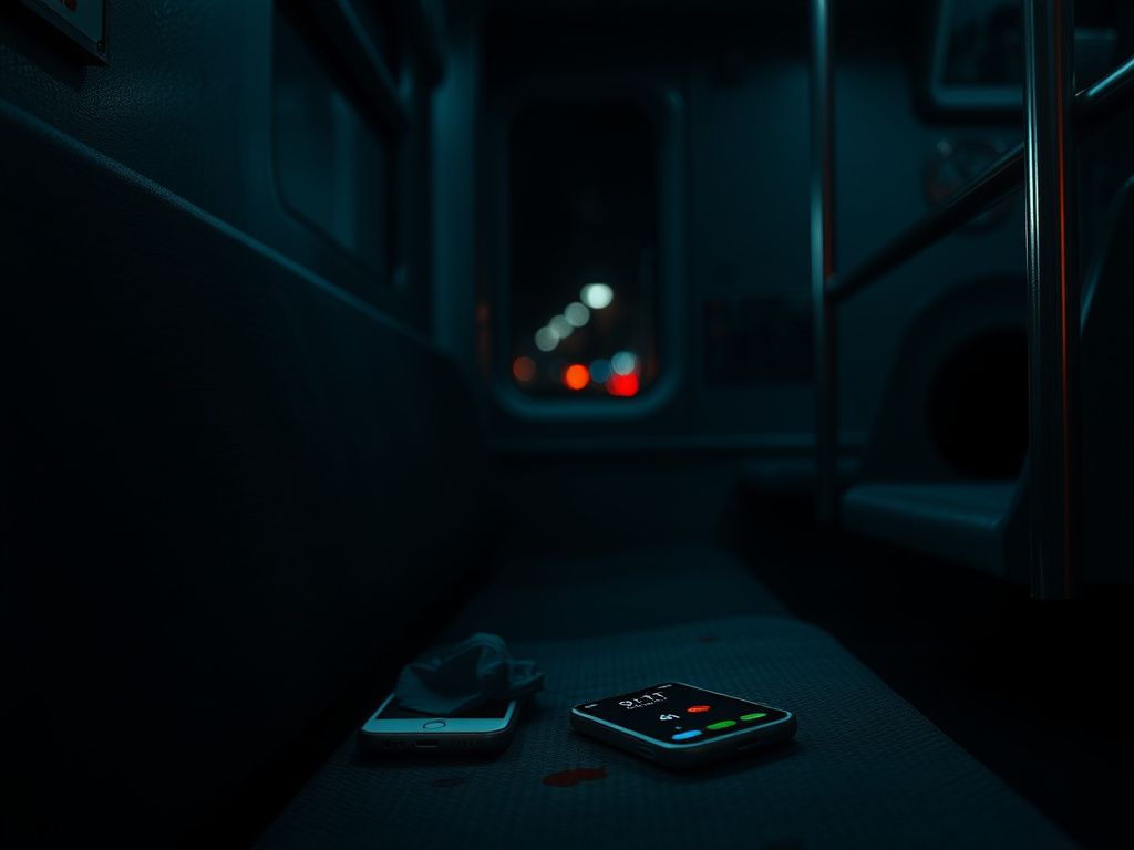 Flick International Dimly lit train carriage interior with a stained seat and crumpled phone signaling distress