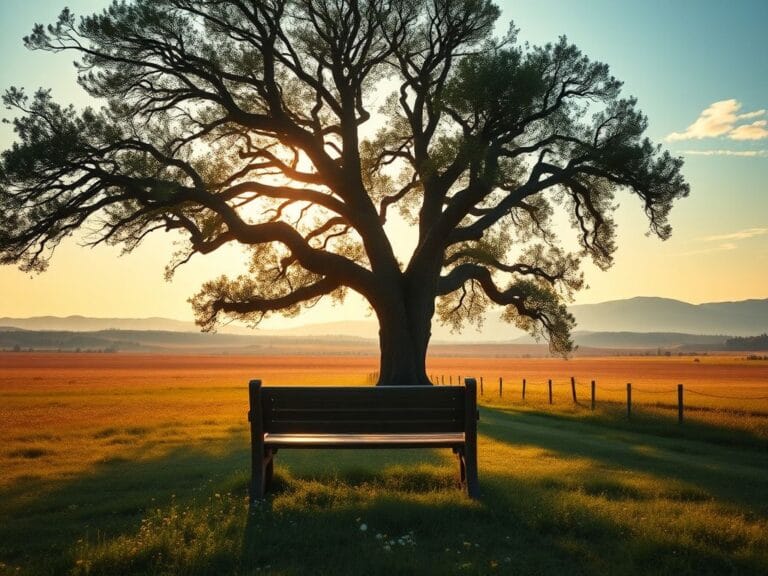 Flick International Serene landscape at dawn with a weathered bench under an oak tree