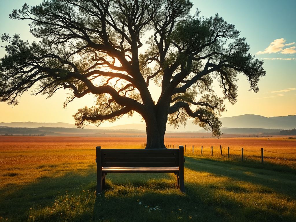 Flick International Serene landscape at dawn with a weathered bench under an oak tree