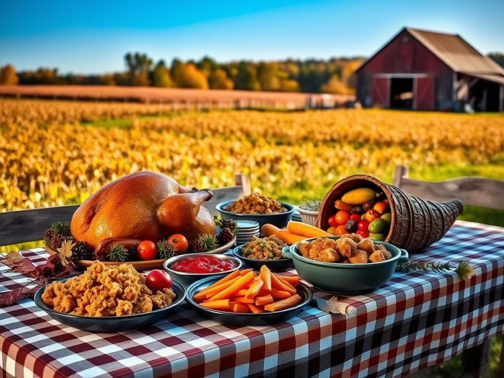 Flick International A rustic Thanksgiving table set outdoors with a golden-brown roasted turkey and traditional dishes