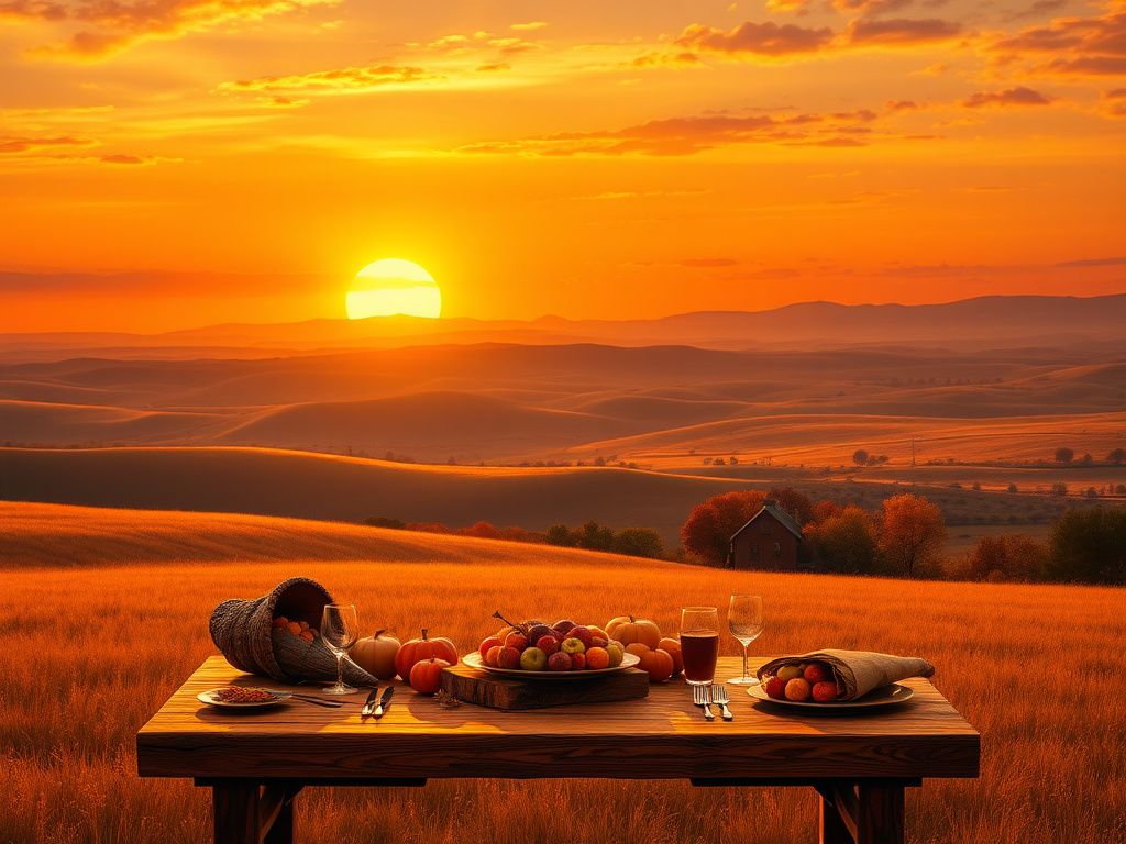 Flick International Serene autumn landscape with a rustic Thanksgiving table and cornucopias under a golden sunset