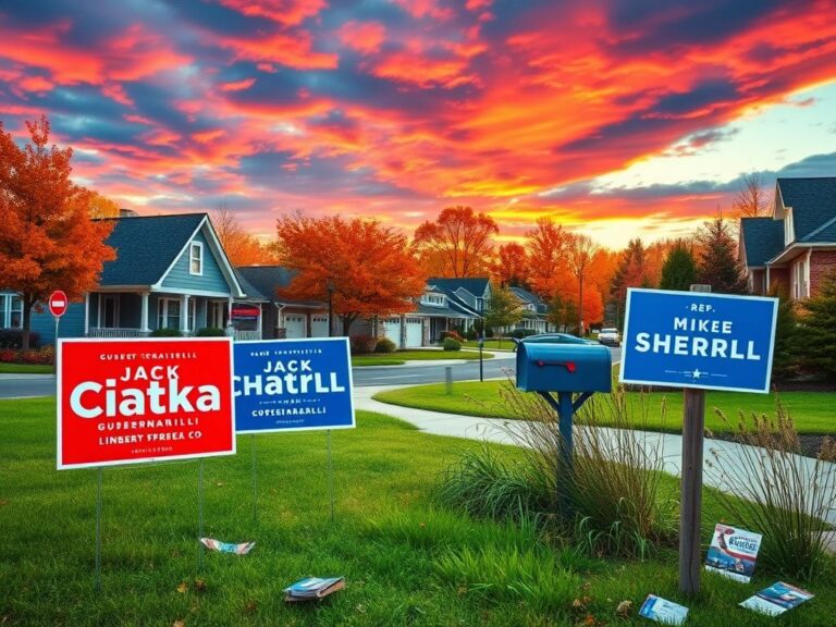 Flick International Vibrant suburban neighborhood in New Jersey with campaign signs for Jack Ciattarelli and Mikie Sherrill