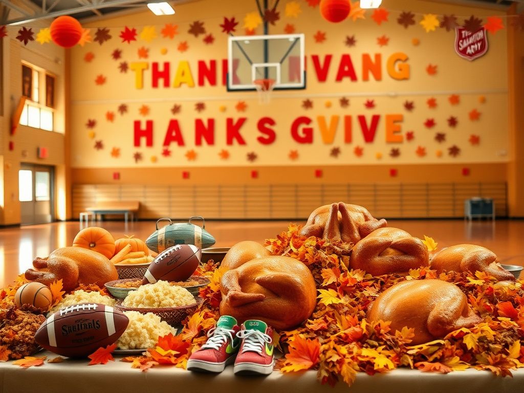 Flick International A warm and inviting Thanksgiving scene at the Salvation Army Kroc Center featuring festive decorations and a table of turkey and traditional sides.