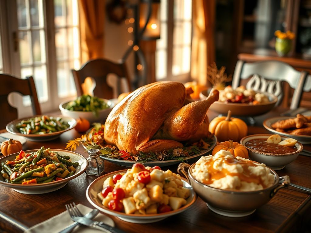 Flick International A beautifully set Thanksgiving dinner table with a golden-brown roasted turkey at its center