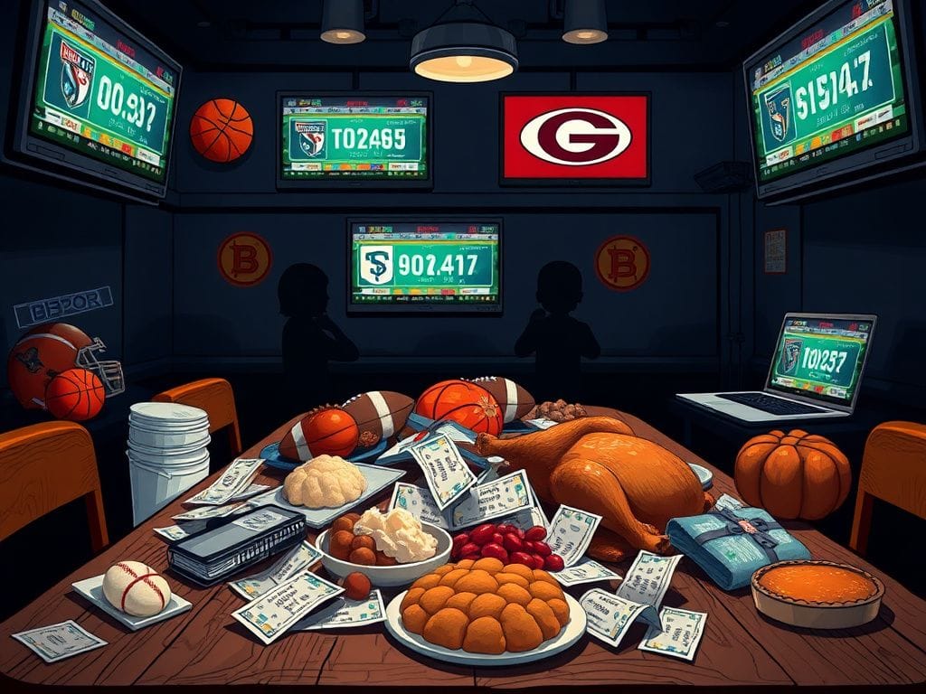 Flick International Dimly lit sports bar scene with scattered betting tickets and food items