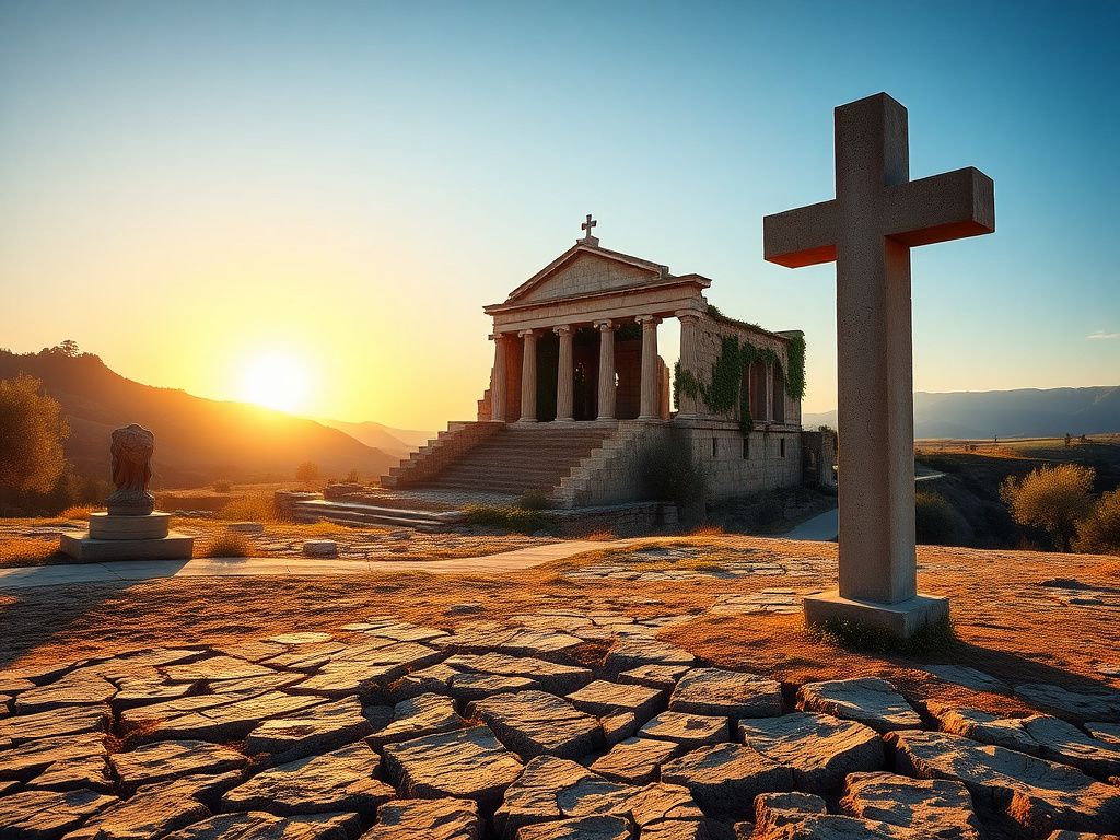 Flick International Serene landscape of ancient Nicaea with a weathered stone cross