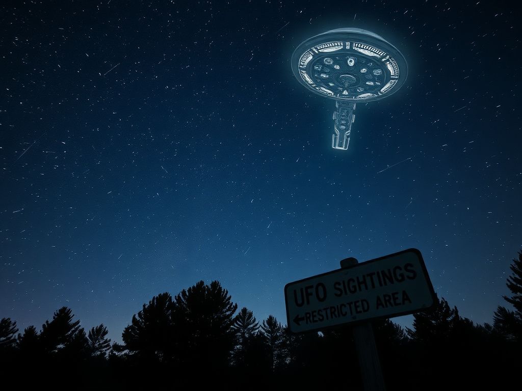 Flick International Futuristic spacecraft hovering above a forest at night
