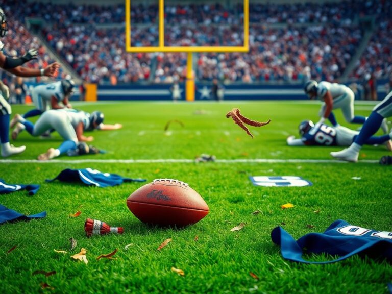 Flick International Dramatic moment during the Cowboys vs Eagles game with a football on the grass amidst team jerseys