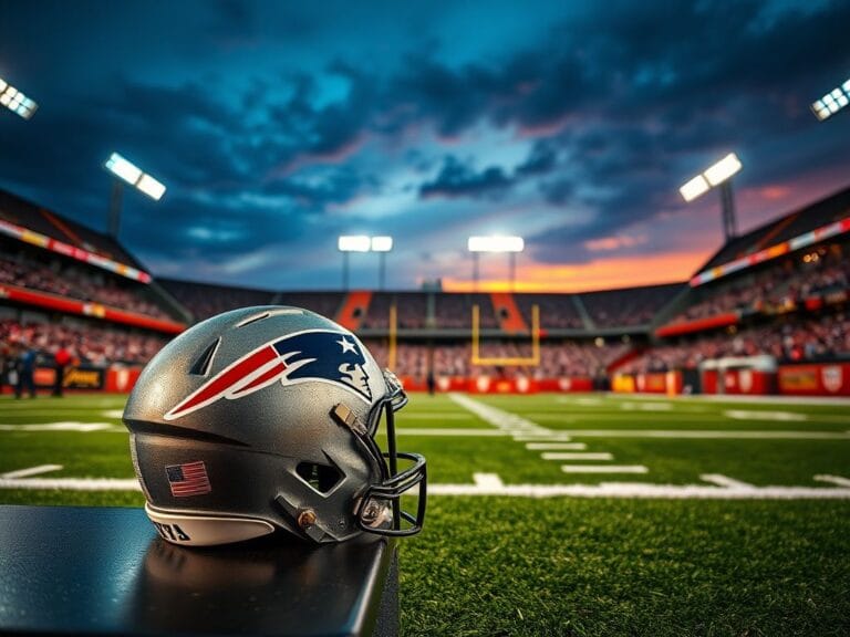 Flick International A close-up of a worn Patriots helmet resting on a bench in an empty, illuminated football stadium