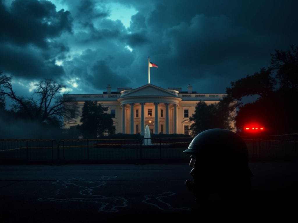 Flick International Dramatic view of the White House under stormy skies with military gear in the foreground
