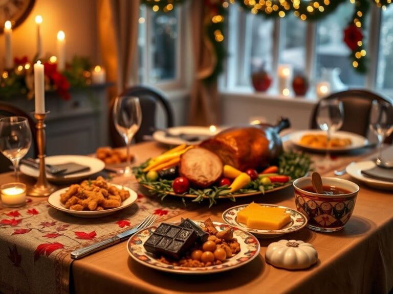 Flick International Cozy holiday dinner setting with festive decorations and traditional foods