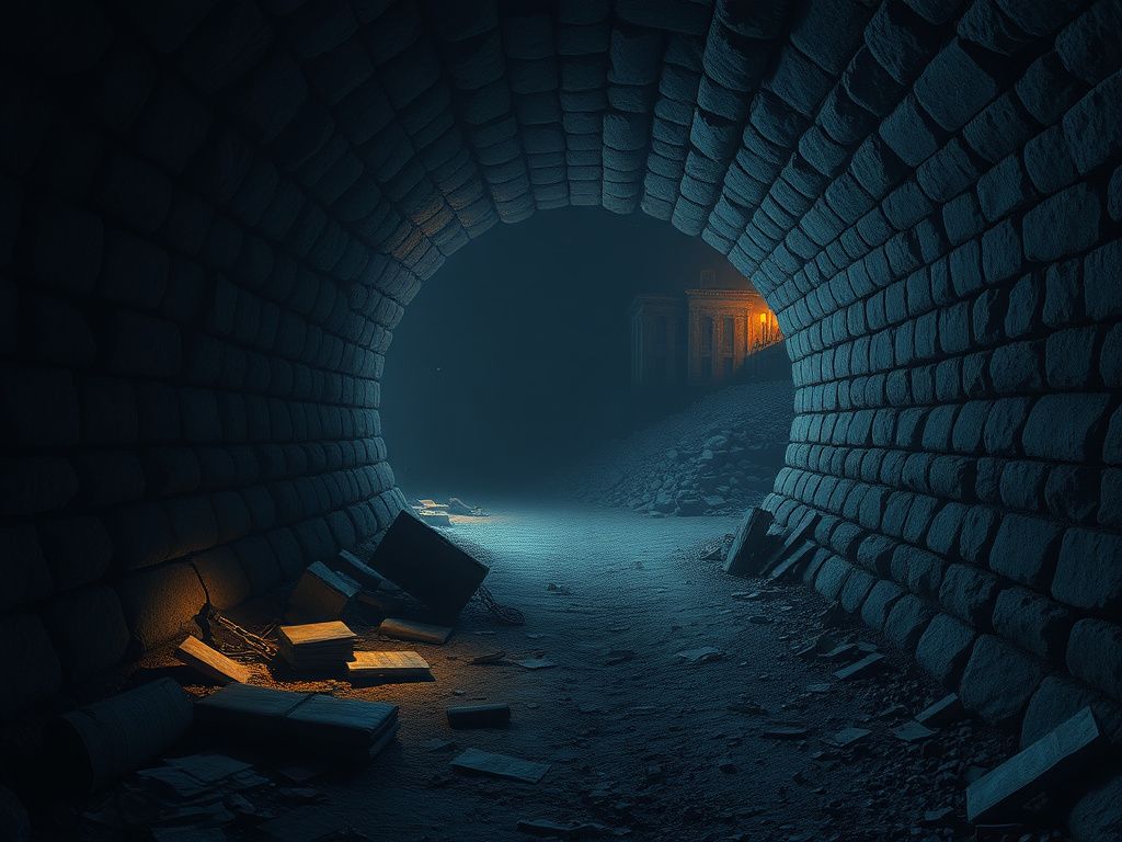 Flick International Dark underground tunnel network revealing remnants of military equipment beneath a UN compound