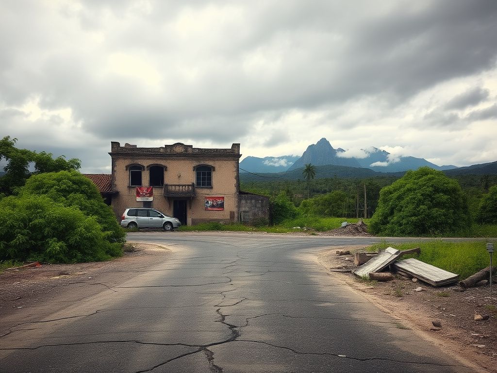 Flick International A cracked road leads to a crumbling building in a deserted landscape of Haiti.