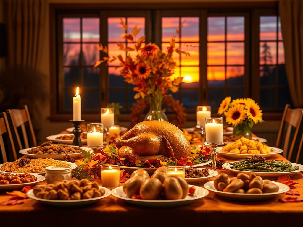 Flick International A beautifully set Thanksgiving dinner table with a golden-brown turkey and autumn decorations