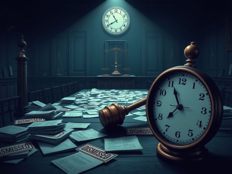 Flick International Chaotic courtroom scene with disorganized papers and overturned gavel